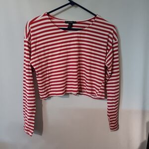 Forever 21 Red and White Striped Crop Shirt Size M